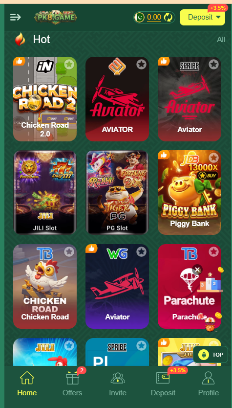 PK8 Game Home Screen