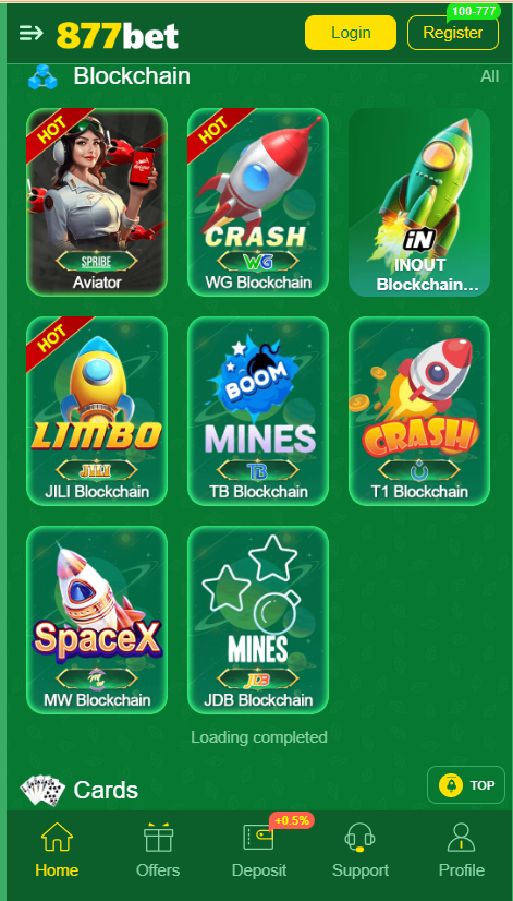 877Bet Game Home Screen