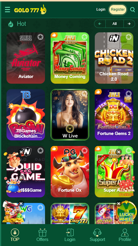 Golo777 Game Home Screen