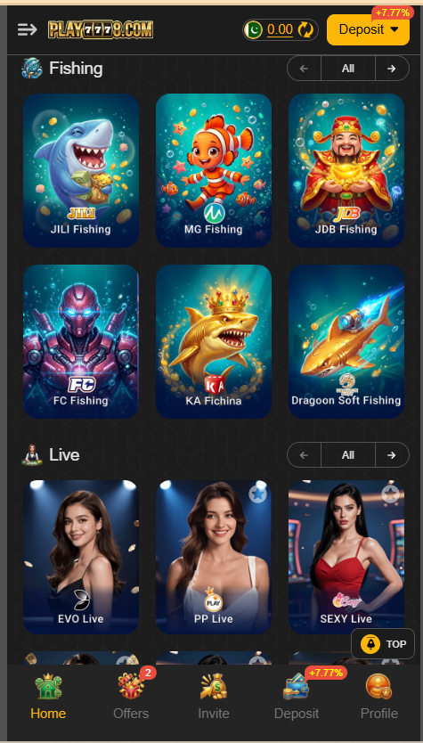 Play7778 Game Home Screen