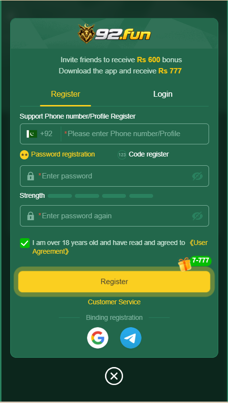 Fun92 Game Registration Screen