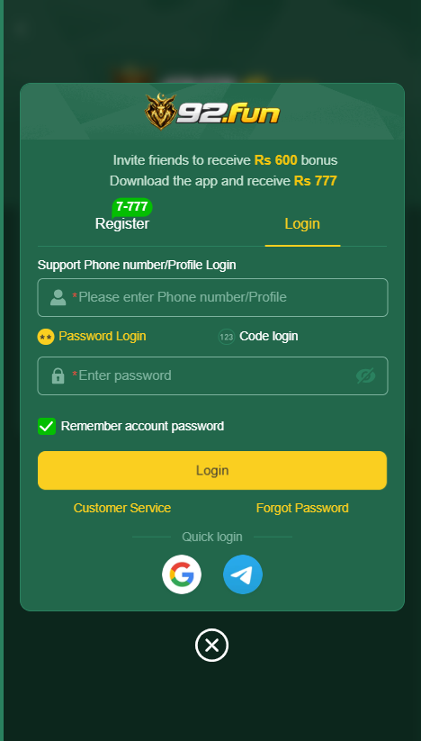 Fun92 Game Login Screen